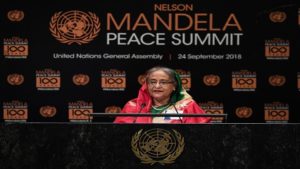 Sheikh Hasina, Prime Minister of the Peoples Republic of Bangladesh, addresses the Nelson Mandela Peace Summit September 24, 2018 at the United Nations in New York, a day before the start of the General Debate of the 73rd session of the General Assembly. (Photo by TIMOTHY A. CLARY / AFP)